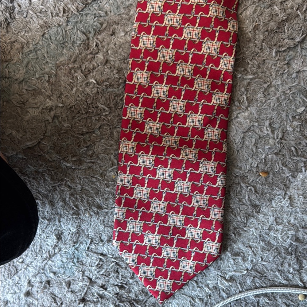Burberry Red and White Silk Tie with Geometric Pattern